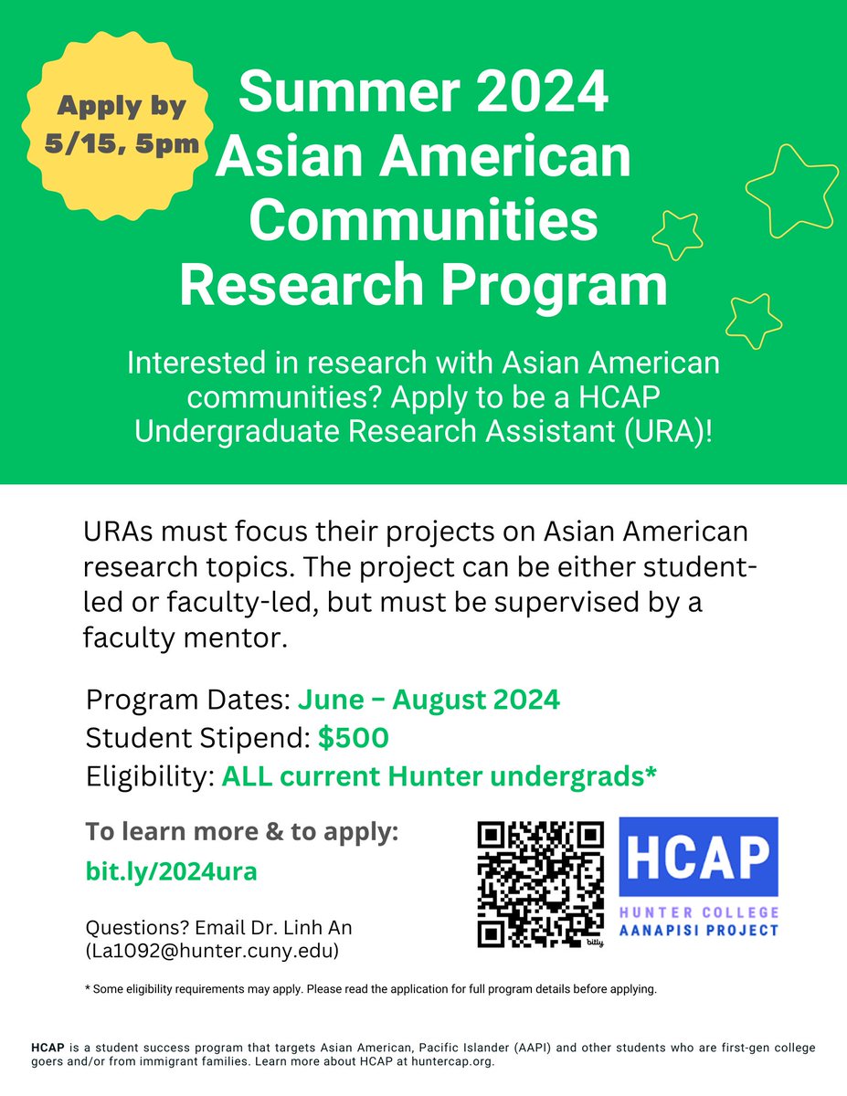 Hunter students, apply to be a HCAP Undergraduate Research Assistant (URA). Deadline 5/15. More info, huntercap.org/undergraduate-… #huntercollege #hcap