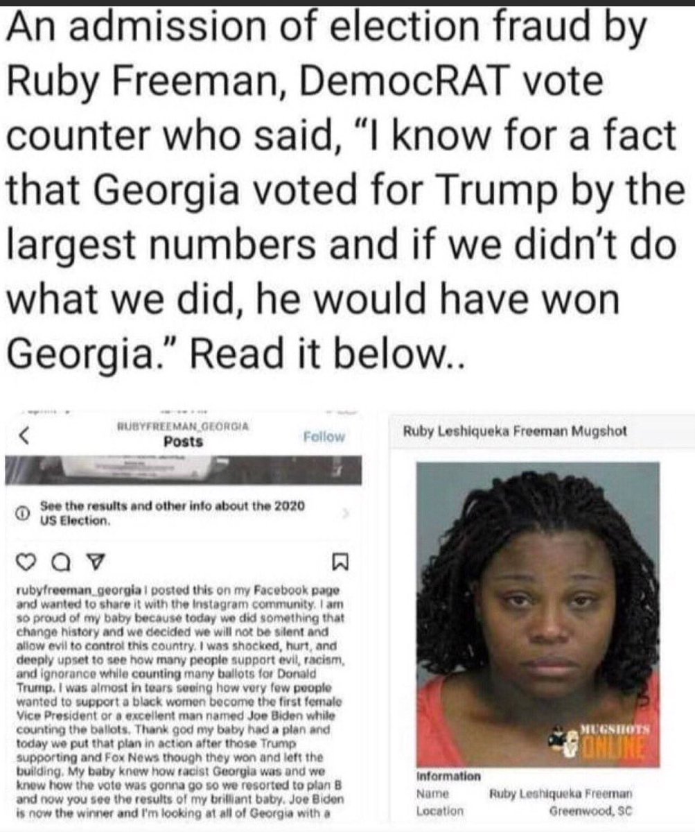 Oh yes, I haven’t forgotten about old Ruby Freeman. I saved her social media posts, where she proudly brags about how she & her daughter fixed the ballots for Biden to win…