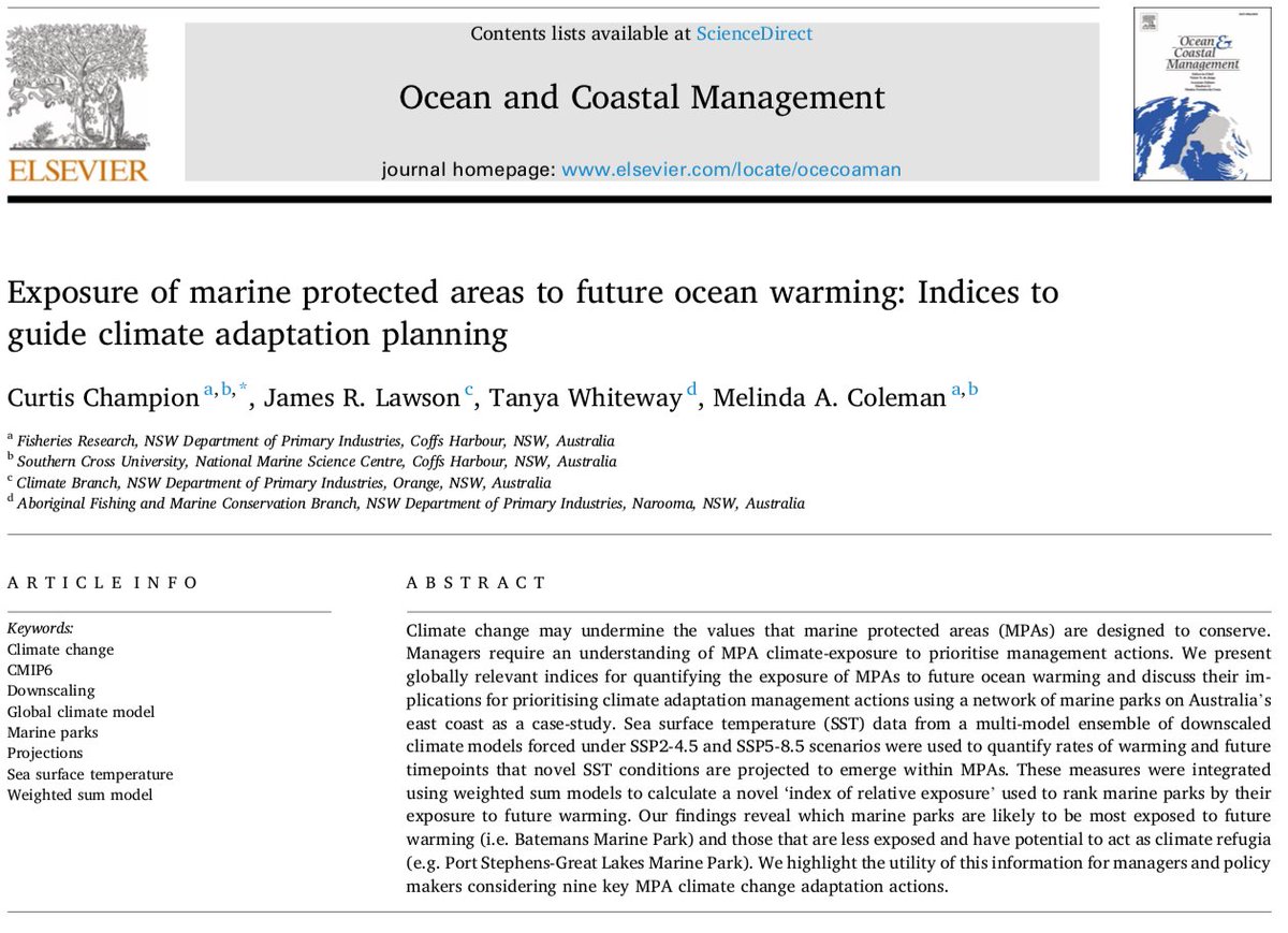 Climate adaptation planning should lead with regions most exposed to future change as these have less lead-time before impacts likely emerge. Here we present indices to rank MPAs by their exposure to ocean warming so those most exposed can be prioritised sciencedirect.com/science/articl…