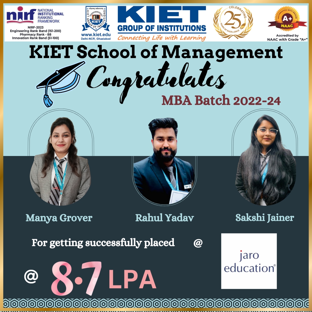 #Congratulations to the students of #MBA (Batch-2022-24) for their successful placement at #Jaro_Education.

#KIETSchoolofManagement #kiet_group_of_institutions #KIETGZB #KIET #AKTU #AICTE #BestEngineeringCollegeinUP #PlacementSuccess #KSOM #KIETSchoolOfManagement #AdmissionsOpen