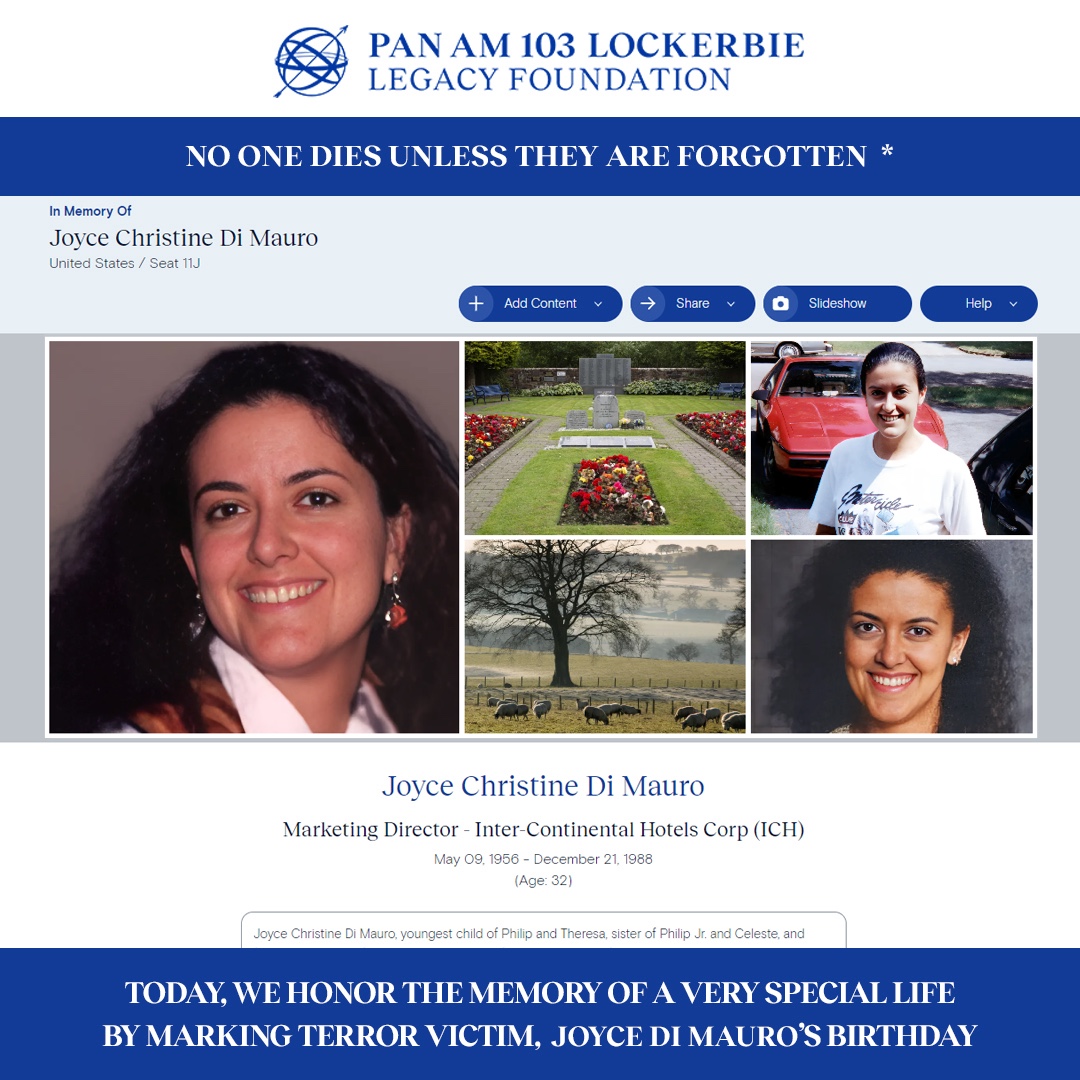 Today, we honor the memory of a very special life by marking Joyce Di Mauro’s birthday.
pa103ll.org/living-memoria…
#rememberingpanam103 #panam103 #neverforget #goodendures #weremember #Lockerbie #panamflight103 #JusticePanAm103 #LivingMemorial #USHistory #victimsofterrorism