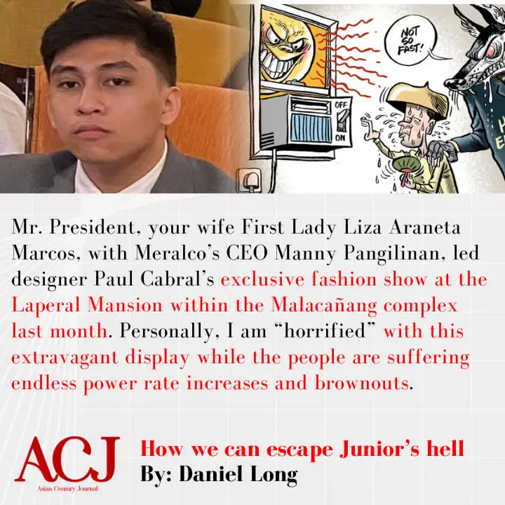 AsianCenturyPH's tweet photo. Personally, I am “horrified” with this extravagant display while the people are suffering endless power rate increases and brownouts. 

READ: How we can escape Junior’s hell By Daniel Long https://t.co/FuJzHSEL59
