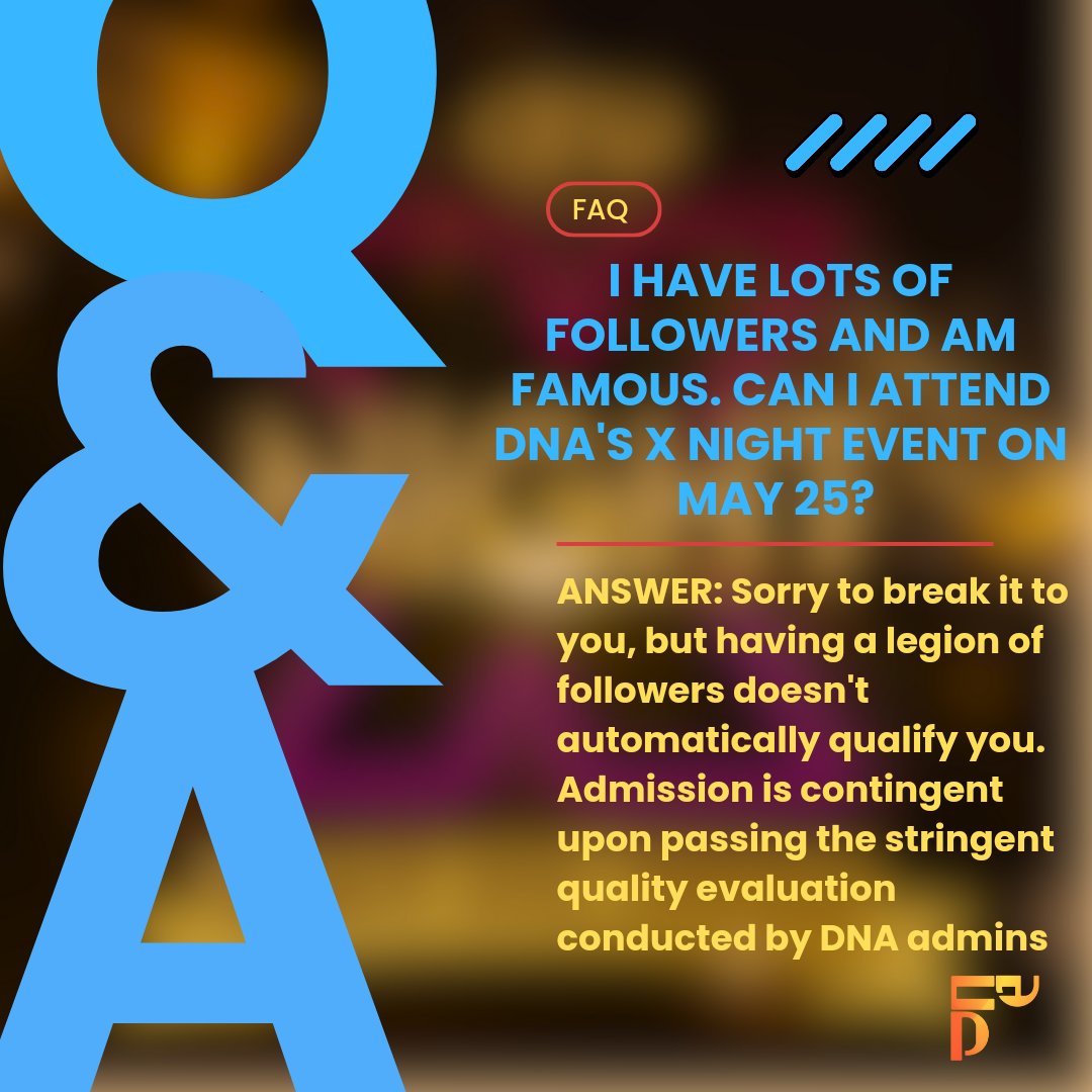 DNAPHOfficial's tweet photo. X NIGHT FAQ:
QUESTION: Im famous and lots of followers. Can I attend X Night?
ANSWER: Merely having a large following isn't sufficient. Admission is contingent upon passing the quality screening by our admins.
#DNARaisesTheBarHigh
#StrictlyForHotGuys
#ExclusiveForQualityGents https://t.co/oTCH3TVd1U
