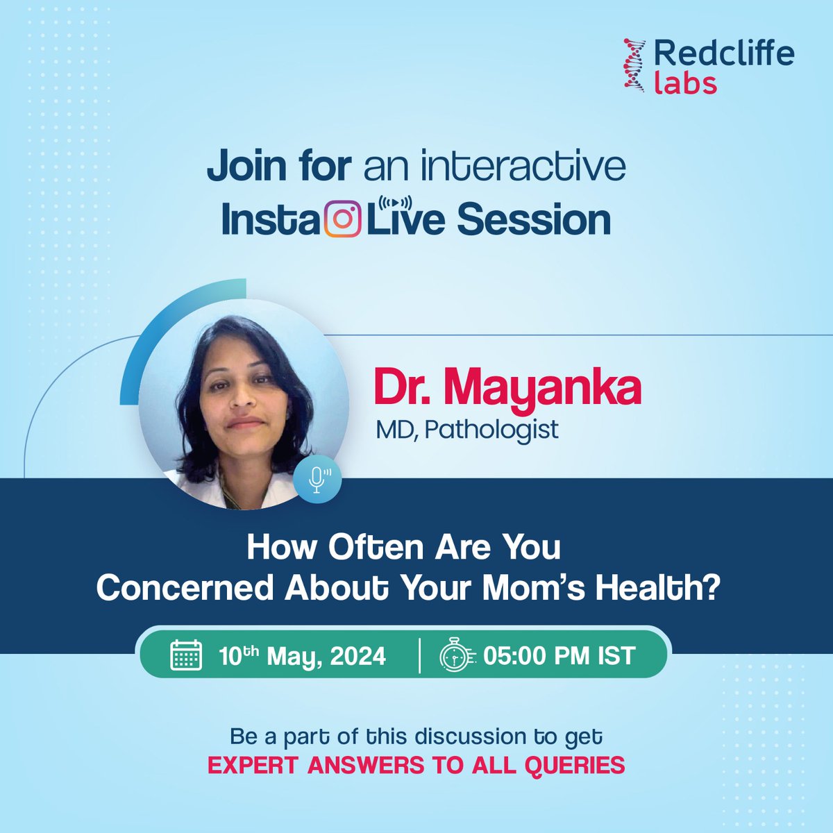 For every problem, MAA is a solution. But what about her? How Often Are You Concerned About Your Mom's Health? Join us at 5 p.m. today for a heartfelt live session with Dr.Mayanka Lodha Seth, MD Pathologist, as we understand ways to prioritize our mom's health. #mothersday2024