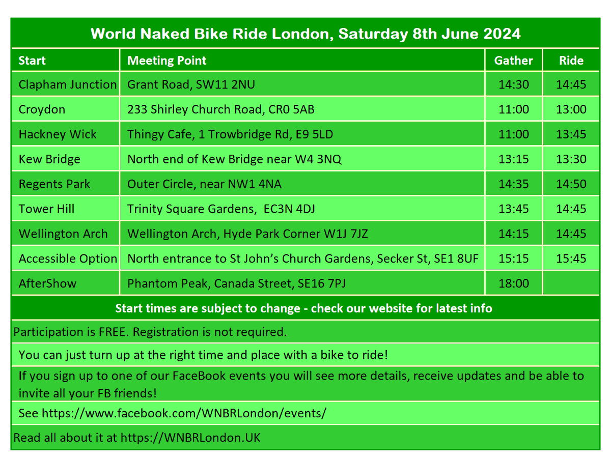 WNBR London 2024 Start Details 8th June 2024 Please Share Everywhere! Some starts have the option of socialising. Gather time is the earliest you can arrive. #cycling #protest #London #BikeRide #ClimateChange #environment #oildependency #bodypositivity