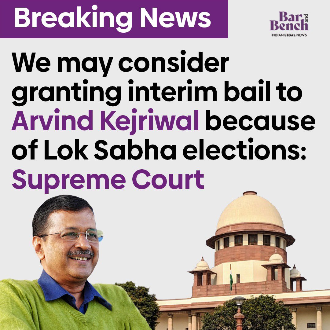 Supreme Court is considering to give bail to CM @ArvindKejriwal. Kejriwal challenged his arrest in Supreme Court calling it illegal. Alleged Liquor Scam is a superficial story made up by BJP to hound AAP leaders. In last 2 years they couldn’t find a single rupee from AAP…