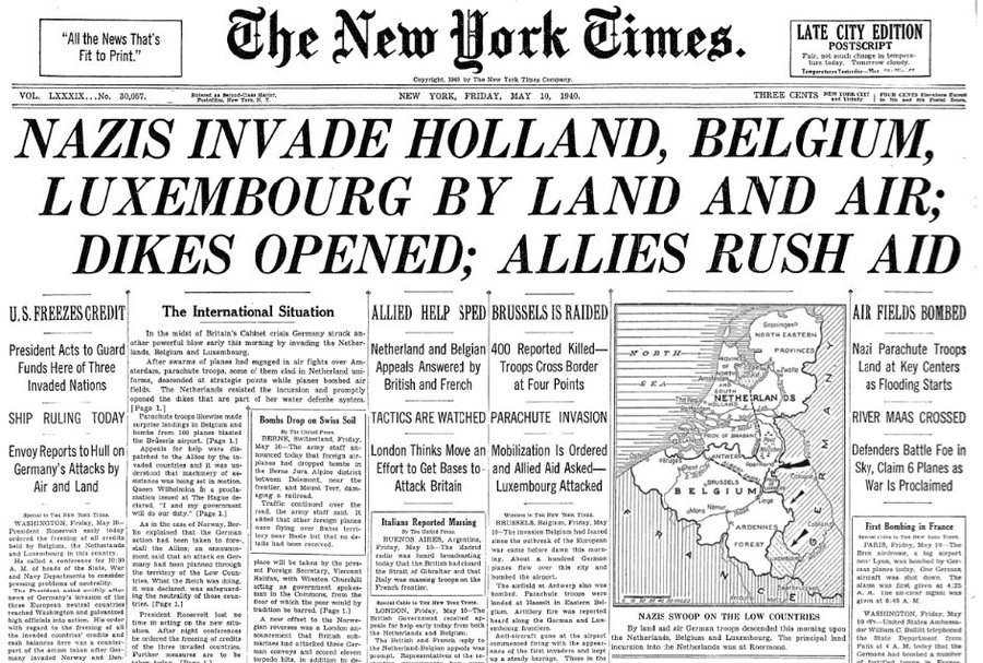 #OTD #10May1940 #Invasion #WWII Friday 10 May 1940, Nazi Germany invaded Belgium, Luxembourg and the Netherlands under the operational plan 'Case Yellow' or 'Fall Gelb'. Asserting that the Allies planned to use the neutral nations Belgium, Luxembourg and the Netherlands as a…