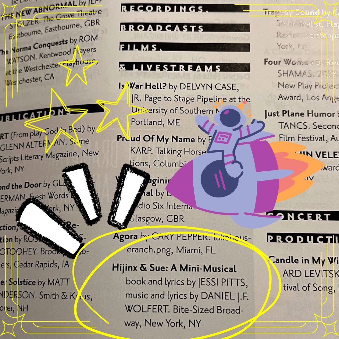 Hijinx & Sue: A Mini-Musical is officially listed in The Dramatist!! The @dramatistsguild has been so helpful in navigating theatre contracts & resources — feels good to have H&S listed in this quarter’s Dramatists Diary 🚀