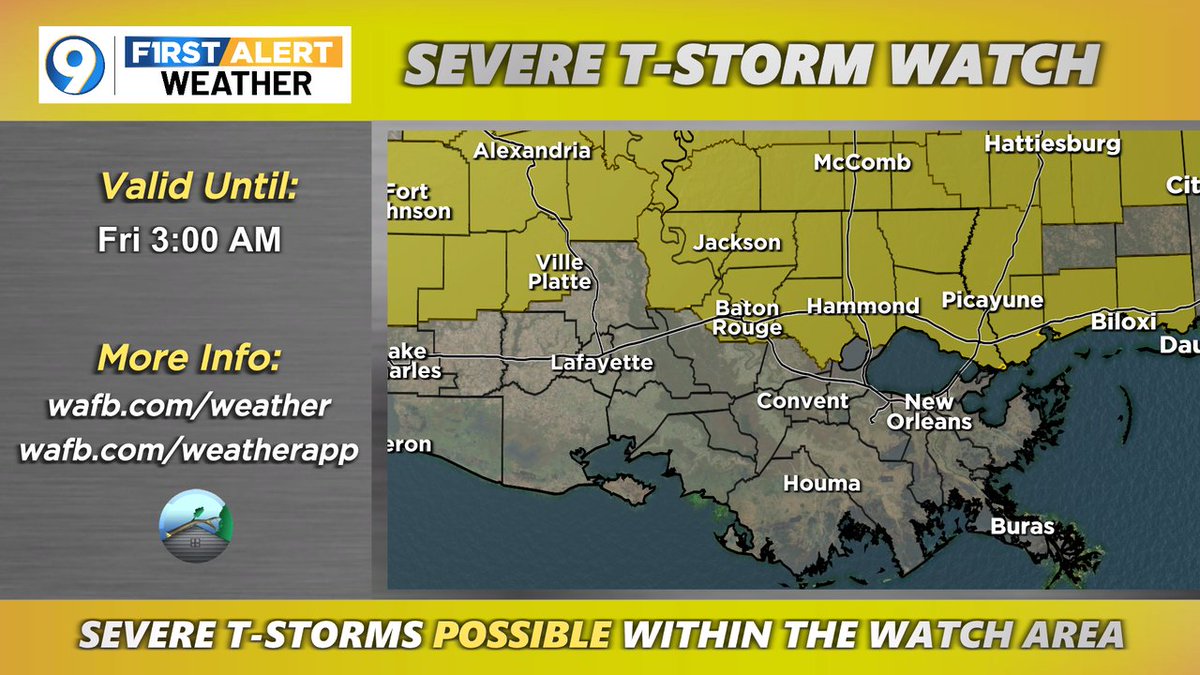 A SEVERE T-STORM WATCH has been issued for the areas in yellow. Severe storms are possible within the watch area. More >> wafb.com/weather?utm_me… #LAwx