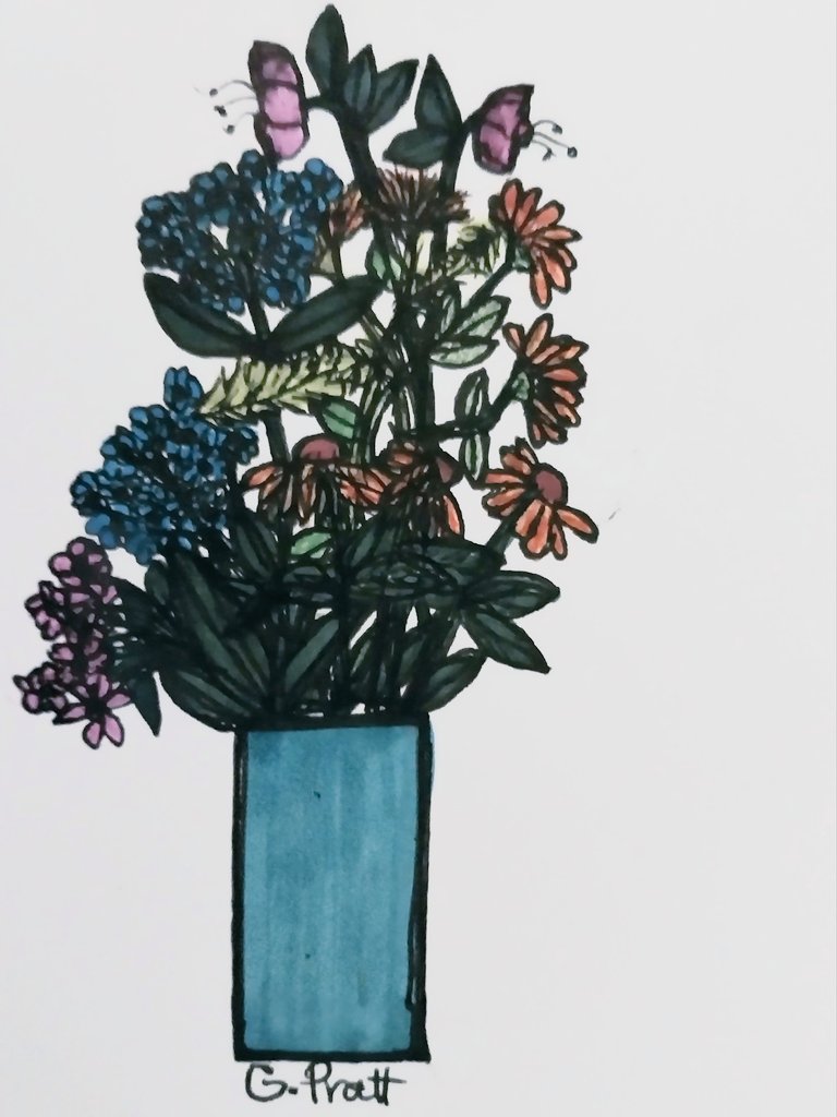 Flowers in a vase. Markers and ink.