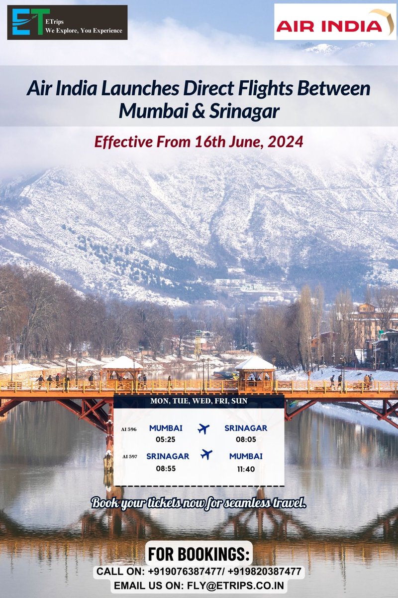 Air India Launches Direct Flights Between Mumbai & Srinagar
@airindia #AirIndia #MumbaiToSrinagar #Etrips #Flightbooking #Hotelbooking #Tourpackage  #DirectFlights #TravelConvenience #NewRoute #FlightSchedule #BookNow #TravelIndia #FlightNews
