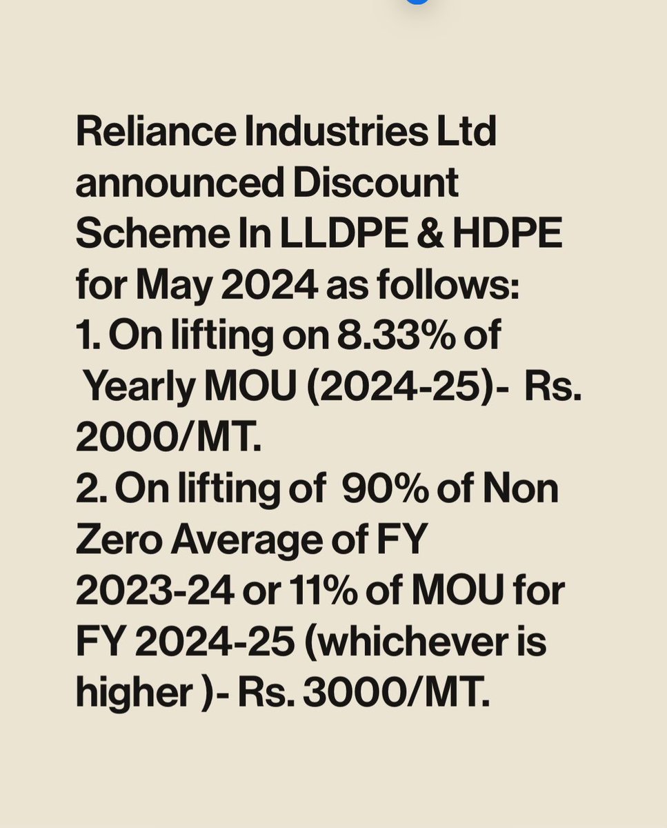#PE incentive scheme by #Relianceindustries for May 2024:

#polyethylene #hdpe #lldpe #plastics #polymers #plasticindustry #packaging #petchem #china #petrochemicals