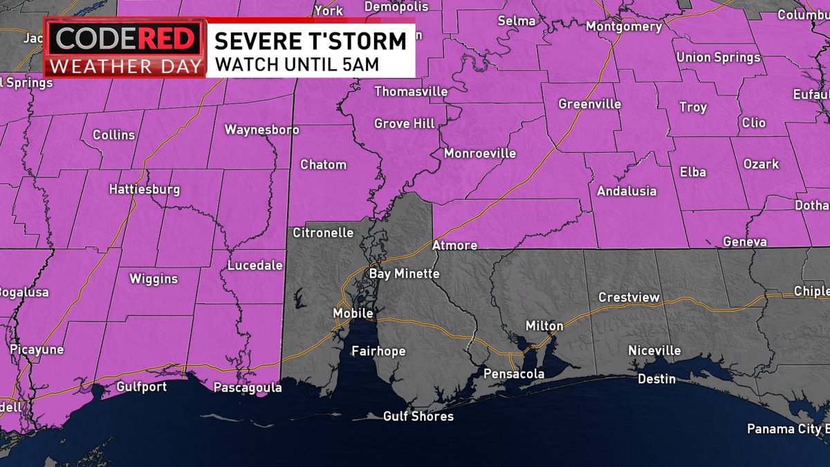Update to our #Severe Thunderstorm Watch. It now covers all of our inland counties in SW Alabama and SE Mississippi until 5AM. @mynbc15 mynbc15.com/weather