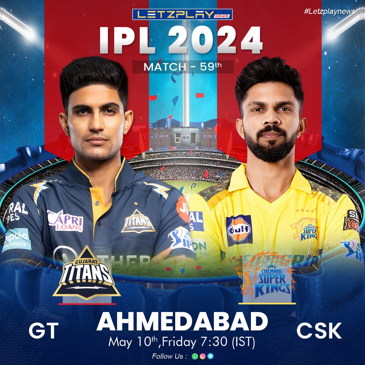 🏏 Get ready for an epic showdown in Ahmedabad as Gujarat Titans take on Chennai Super Kings in IPL 2024! 🌟 

Action kicks off at 7:30 PM IST! Don't miss the excitement! 🔥 
.
.
.
.
#GTvsCSK #IPL2024 #iplupdate #sports #news #cricketer #livematch #CricketFever #AhmedabadClash
