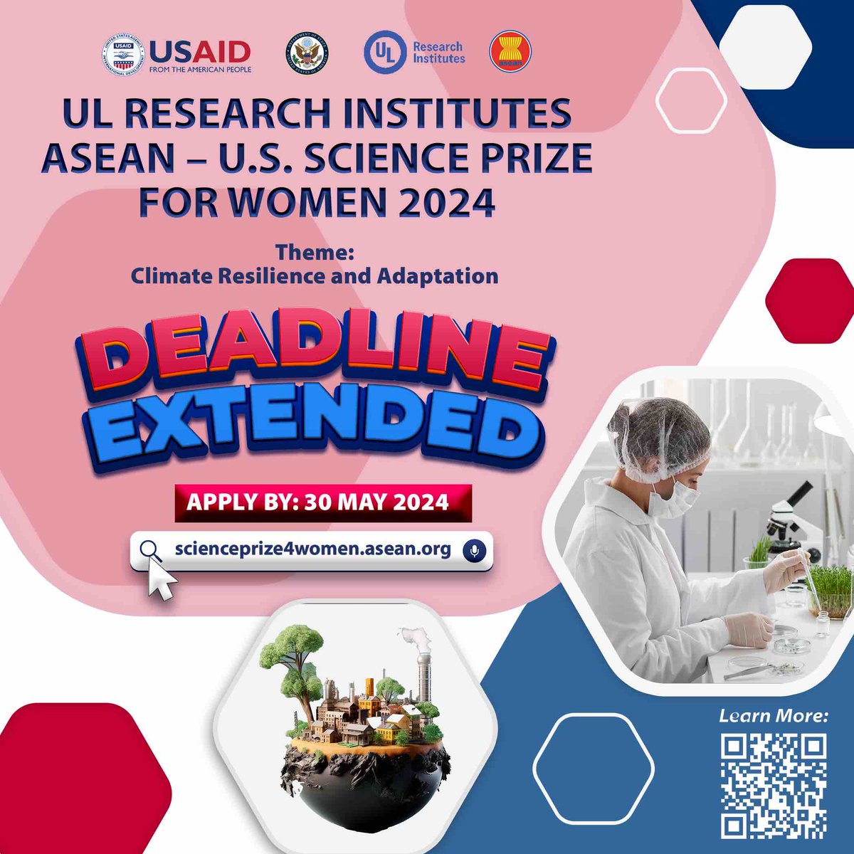 The deadline for the 2024 Science Prize for Women has been extended to 30 May 2024!👩🏻‍🔬🔬

This year, we focus on Climate Resilience & Adaptation. Submit your innovative solutions now on scienceprize4women.asean.org

#WomenInSTEM #Innovation #Research