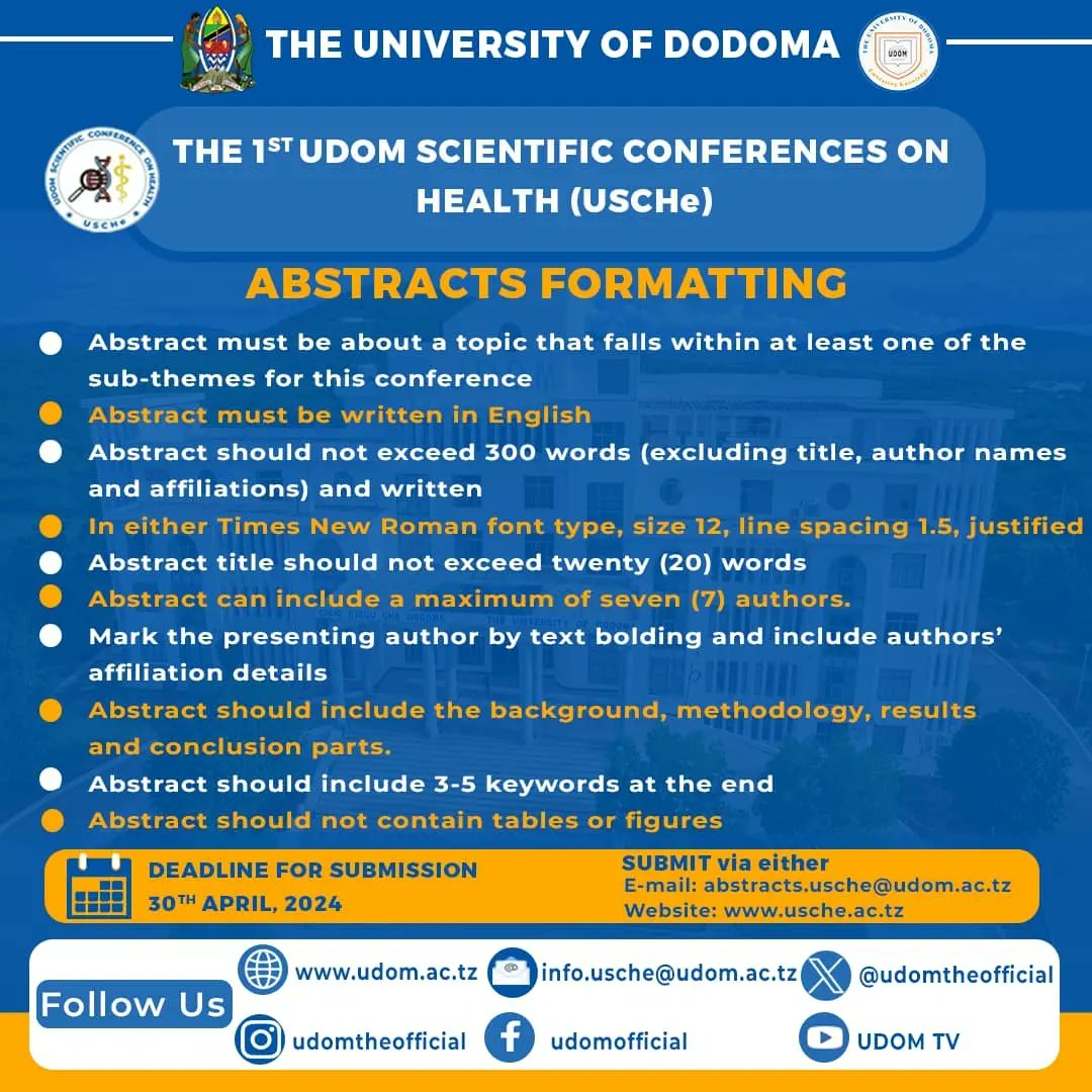 Towards #USCHe with a main theme of 'Health Lives and Wellbeing for All: Opportunities and Challenges.' Have you planned to present your research work experience based on available subthemes? Time is now. Submit your abstract 👉 usche.ac.tz #USCHe2024 #UDOMhealth