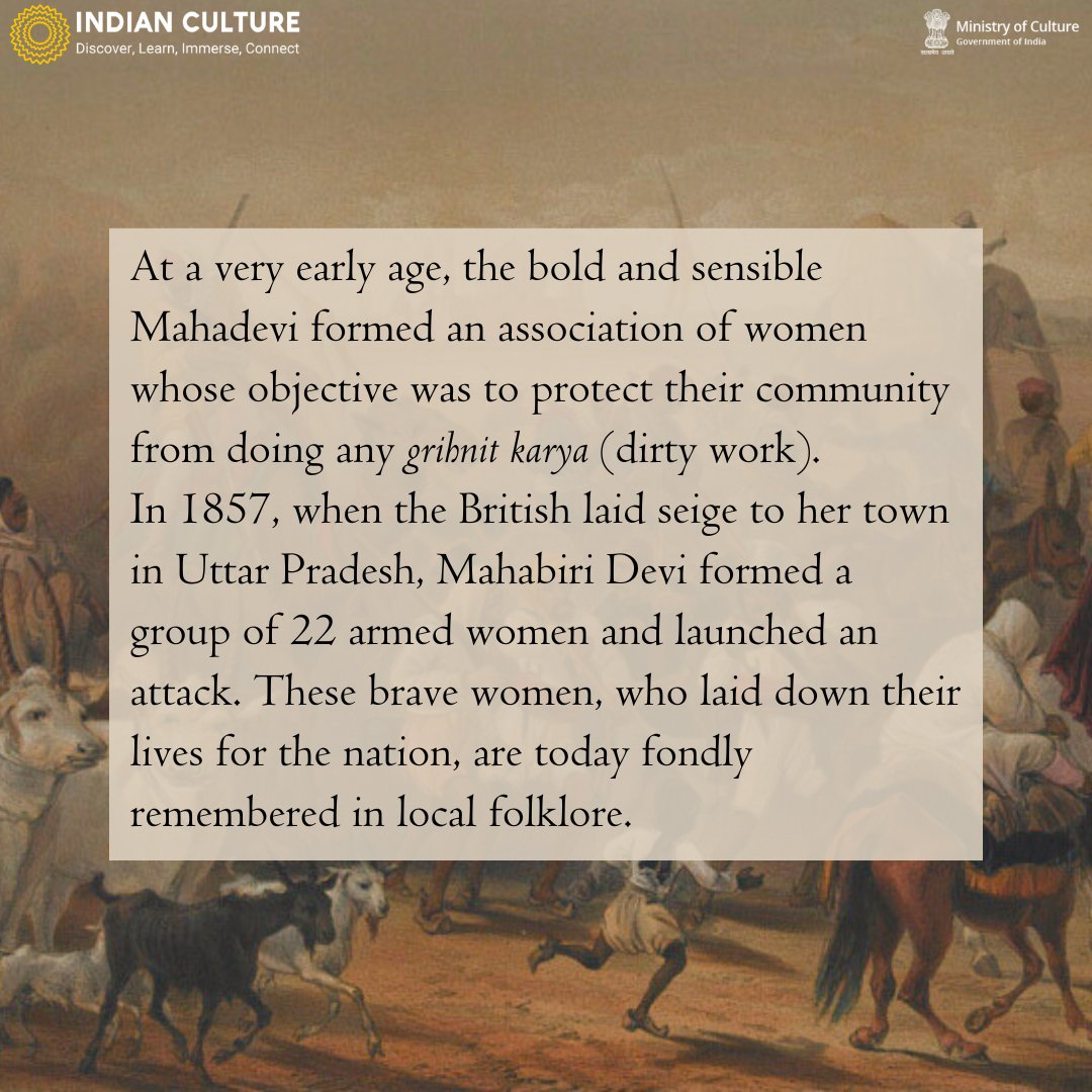 The First War of Independence of 1857 began on 10 May. It saw Mahabiri Devi’s relentless efforts to fight the British that has largely been highlighted in the form of local folklore. Discover more on the Indian Culture Portal. #1stwarofindependence #1857 #indianfreedomstruggle