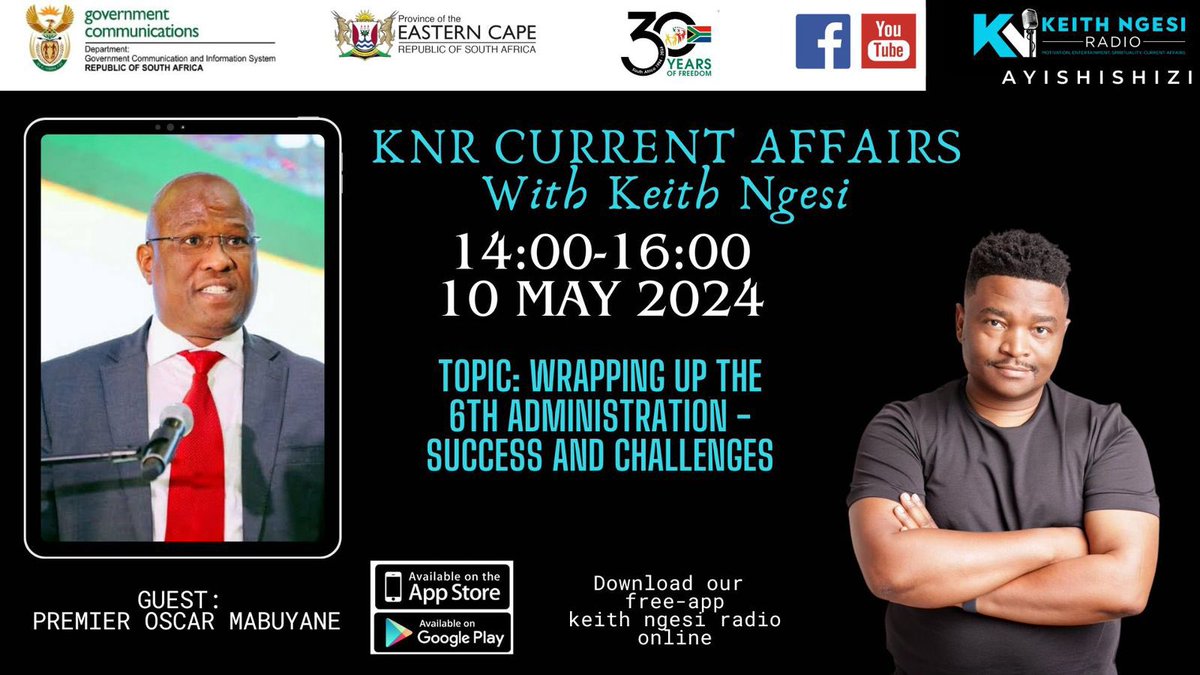 Radio Interview Alert! We are continuing with our radio talks on the 30 Years of Democracy and Freedom, today from 14:00 we will be live on Keith Ngesi Digital Radio with the the Eastern Cape Premier @OscarMabuyane#30YearsOfDemocracy #Freedom30 #WeAreGCIS_EC #BuildingTheECWeWant