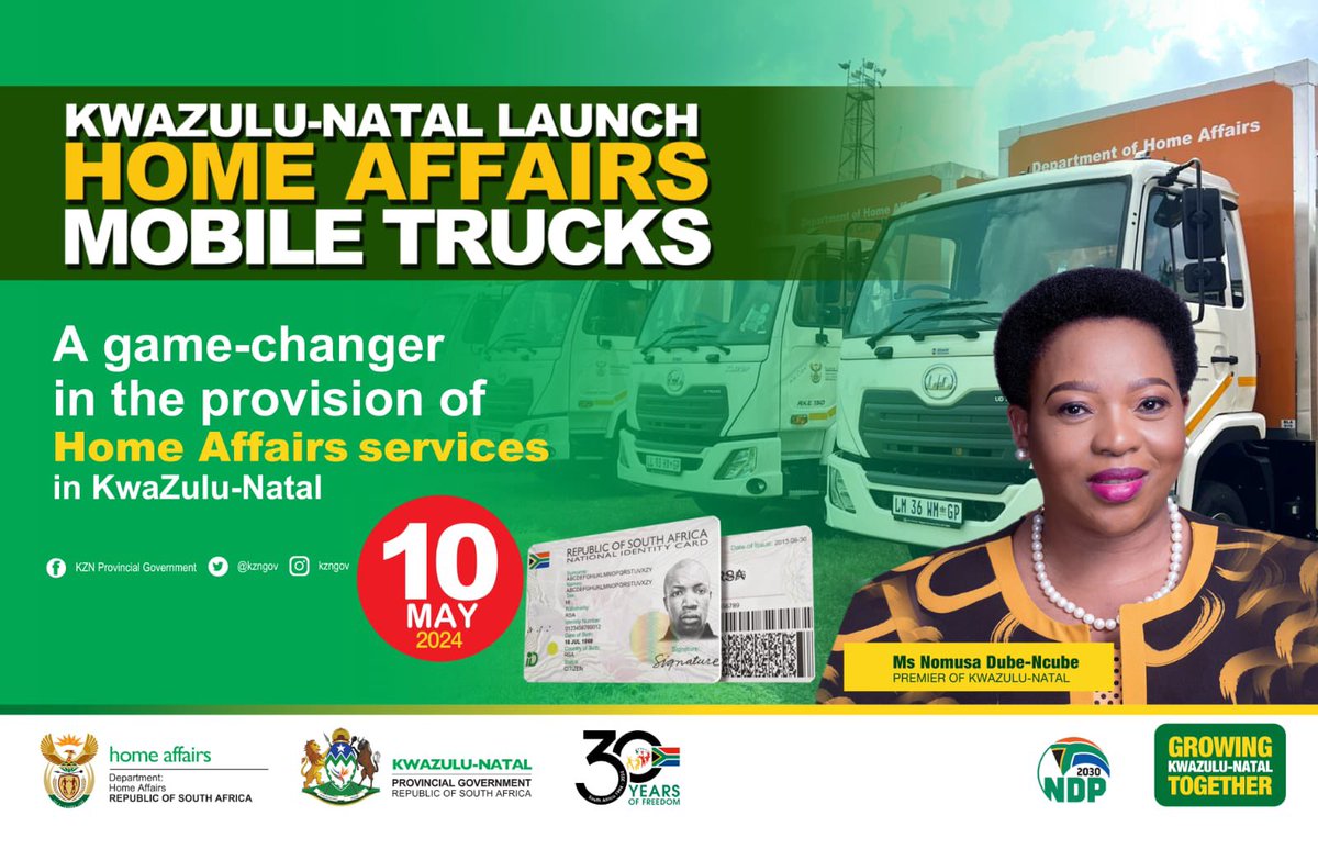 KWAZULU-NATAL PREMIER TO RECEIVE THE PROVINCIAL ALLOCATION OF THE 100 HOME AFFAIRS MOBILE OFFICES THAT WERE UNVEILED THIS WEEK The Premier of KwaZulu-Natal Nomusa Ncube-Dube is, on Friday, 10 May 2024, scheduled to receive the provincial allocation of Home Affairs mobile