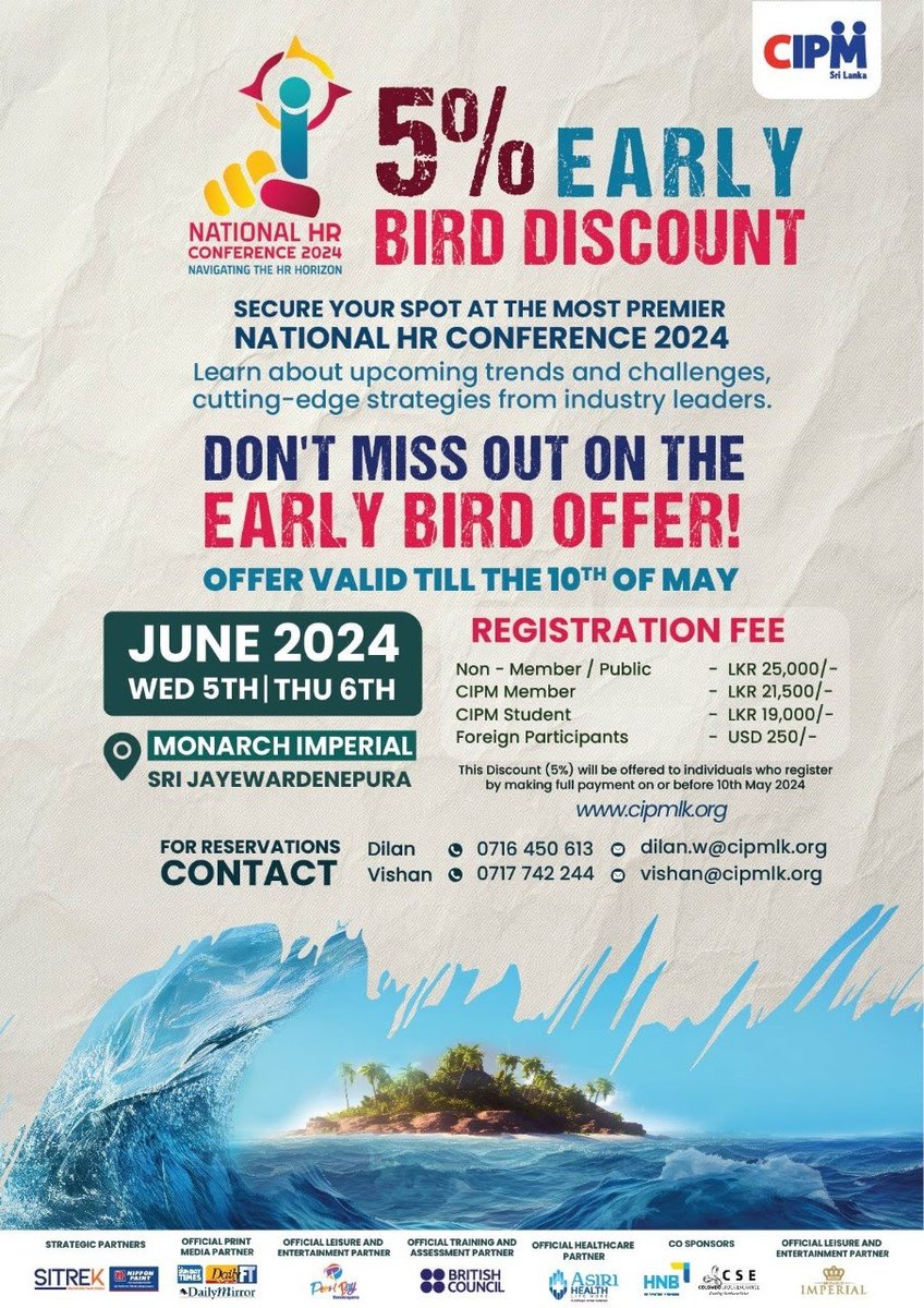 5% Early bird Discount for National HR Conference 2024.
#lka #iContactLanka #SriLanka