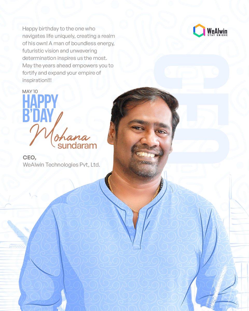 🎂Wishing a very #happybirthday to our fearless #leader, #CaptainCool, and #CEO, Mr. Mohana Sundaram Perumal

He #inspires us, #motivates us, #energizes us, #encourages us, and warmly connects with us. #Support us and be with us till we #succeed!

Follow @AlwinTechnology.... 🤙
