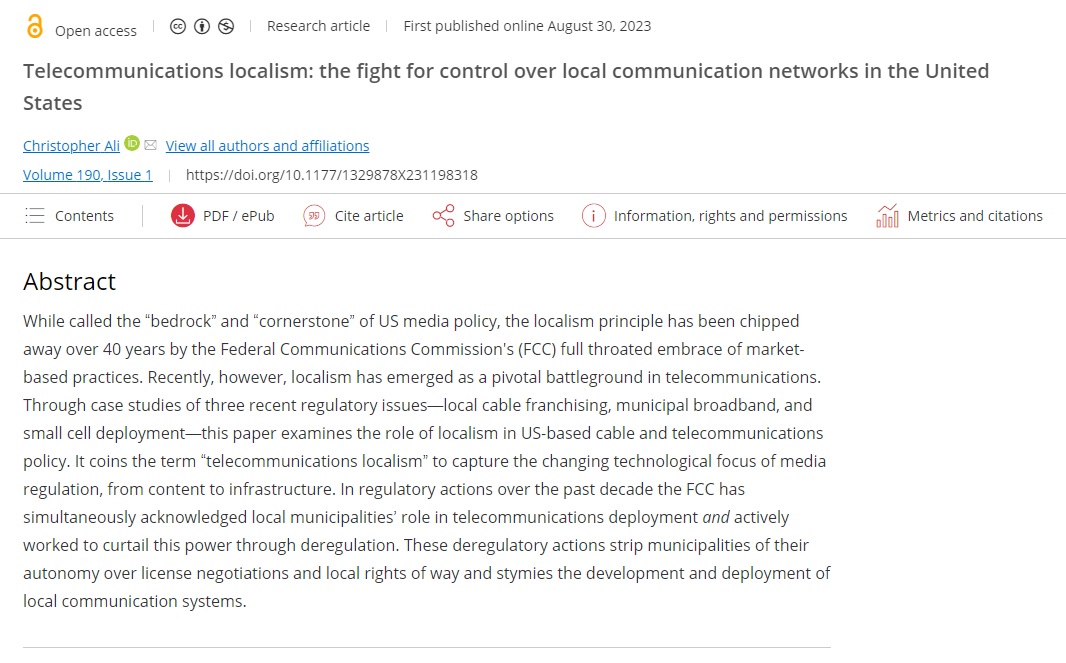 In this #OpenAccess article @Ali_Christopher provides detailed insight into the concept of 'telecommunications localism' and its current and evolving meanings for US media policy - with important takeaways for other national contexts. t.ly/QS5DJ