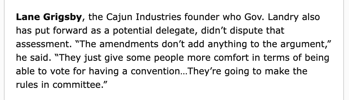 JSODonoghue's tweet photo. GOP donors Lane Grigsby and Boysie Bollinger aren't concerned about the restrictions placed on the constitutional convention in the enabling legislation passed by the House. 

They don't think they're enforceable, per @LaPoliticsNow. #lalege #lagov https://t.co/yUoG9J87nC