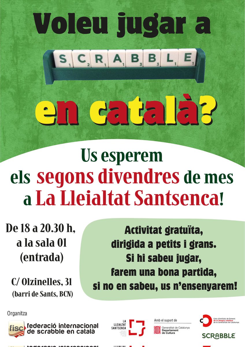 #AGENDA Avui juguem a #scrabble en #català a #Sants! Us esperem a La @Lleialtat Santsenca (c/ Olzinelles, 31), a les 18 h Activitat gratuïta i oberta a tothom! #scrabblecat #scrabbleencatalà #bcn #Barcelona #escrable #lalleialtatsantsenca #barcelonascrabble @vxlbcn @CNLBarcelona