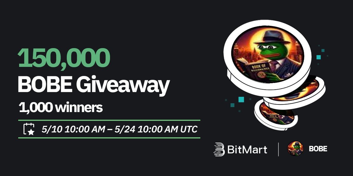 🌟 #BitMart X #BOBE #Airdrop 🌟 1️⃣Follow @BitMartExchange & @BitMartResearch & @BookofBillieSol 2️⃣Join t.me/BitMartExchange & t.me/bobecto &t.me/BitMartExchang… 3️⃣RT & Tag 3 frds & Like 4️⃣Fill in forms.gle/WpfYbsn8ymWHGm… 🎁 1,000 winners / 150,000 $BOBE Register…