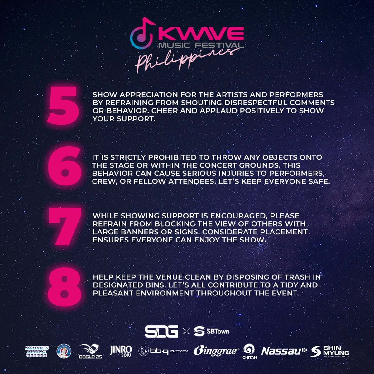 kwaveph's tweet image. Hey, KWAVERS! 🌊

As we ride the wave and enjoy the vibes, let's remember the following KWAVE Concert Etiquette for the ultimate concert experience! 🎫🎤

#THEBOYZ #fromis_9 #PLUUS #YGIG #YARA #KAIA #KWAVEPH #AbsolutelyLibre #KWAVEMusicFestival #BadmintonAsia #KWAVE