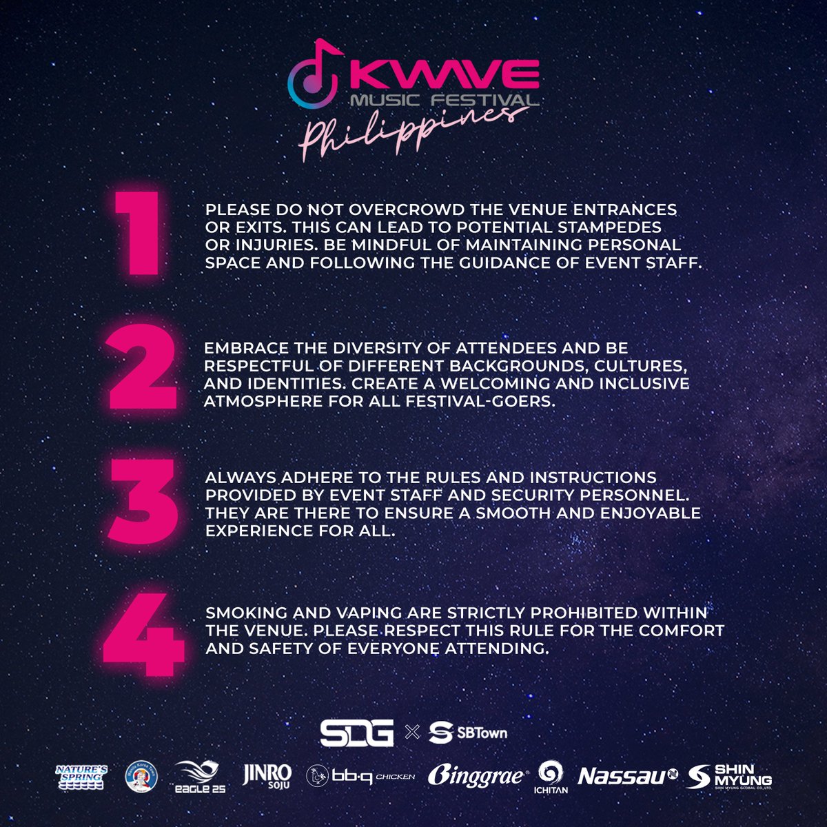 kwaveph's tweet image. Hey, KWAVERS! 🌊

As we ride the wave and enjoy the vibes, let's remember the following KWAVE Concert Etiquette for the ultimate concert experience! 🎫🎤

#THEBOYZ #fromis_9 #PLUUS #YGIG #YARA #KAIA #KWAVEPH #AbsolutelyLibre #KWAVEMusicFestival #BadmintonAsia #KWAVE