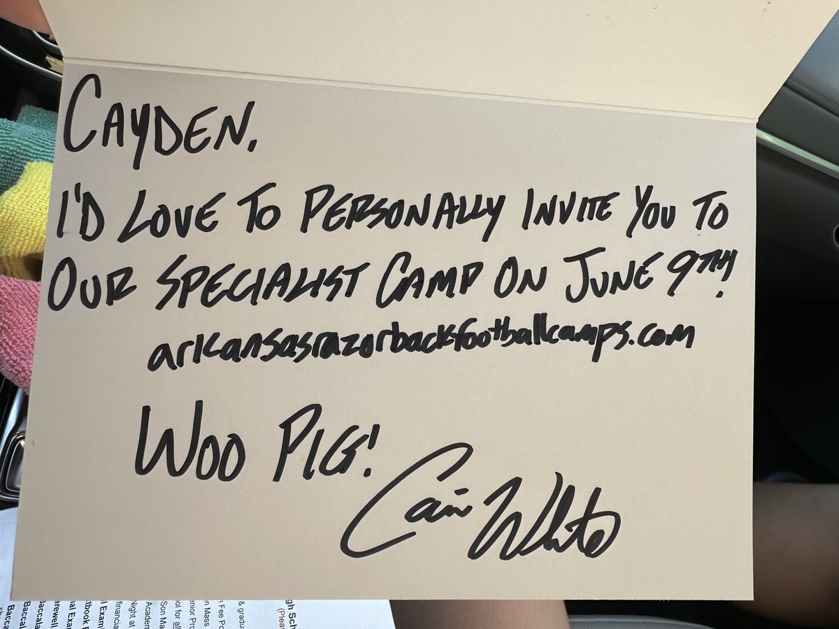 Cayden Palma (@caydenpalma) on Twitter photo Thank you to <a href="/CoachCWhite_/">Cain White</a> and <a href="/RazorbackFB/">Arkansas Razorback Football</a> for the handwritten specialist camp invite! Looking forward to coming out and competing.
<a href="/KickingDynamics/">Drew Vezina</a> <a href="/Chris_Sailer/">Chris Sailer Kicking</a> Thank you to <a href="/CoachCWhite_/">Cain White</a> and <a href="/RazorbackFB/">Arkansas Razorback Football</a> for the handwritten specialist camp invite! Looking forward to coming out and competing.
<a href="/KickingDynamics/">Drew Vezina</a> <a href="/Chris_Sailer/">Chris Sailer Kicking</a>