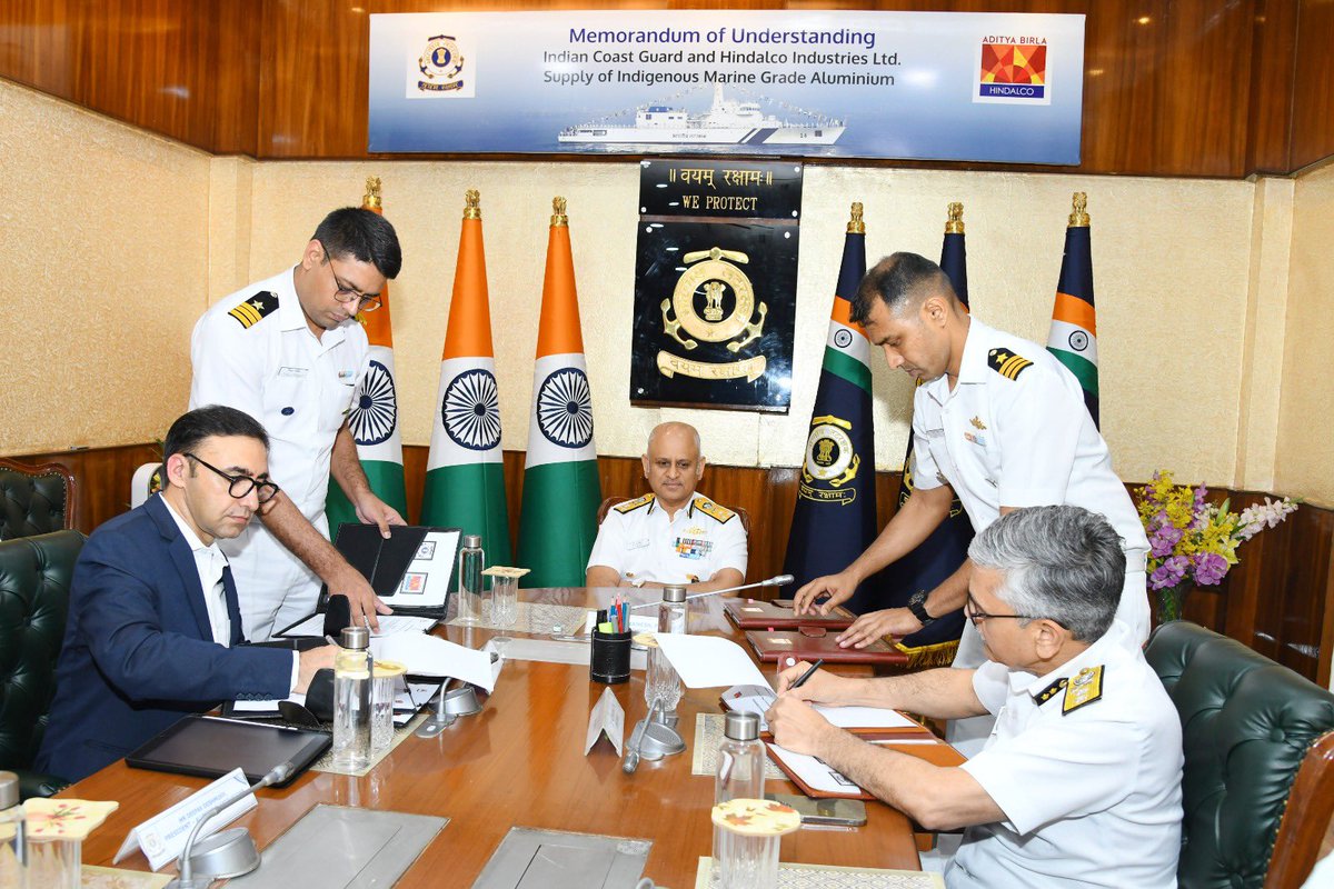 IndiaCoastGuard's tweet photo. Breaking barriers! 🚀 on 09 May 24, we inked an important partnership #MoU with #Hindalco Industries, fueling our mission for self-reliance in shipbuilding. Through this MoU, Hindalco will facilitate supply of indigenous Aluminum to Indian public/ private shipyards for construction of #ICG Ships. Together, we're charting a course towards a stronger, more secure coastline. ⚓️ #ICGxHindalco"

@IndiaCoastGuard 
@Hindalco_World 
@AdityaBirlaGrp