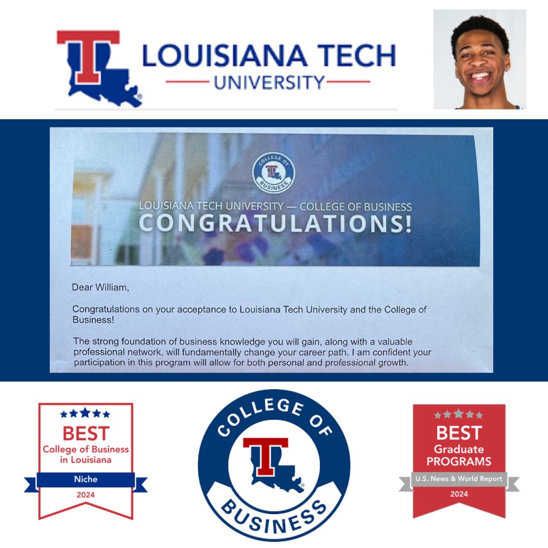 smart_jocks's tweet photo. Congrats! @williamjeffress  on pursuing his MBA. According to U.S. News &amp; World Report's 2024-2025 rankings, Louisiana Tech University's College of Business is tied for 97th place, making it the highest ranked public business school in Louisiana. 🎓🏀 https://t.co/OXP5AxXN5t