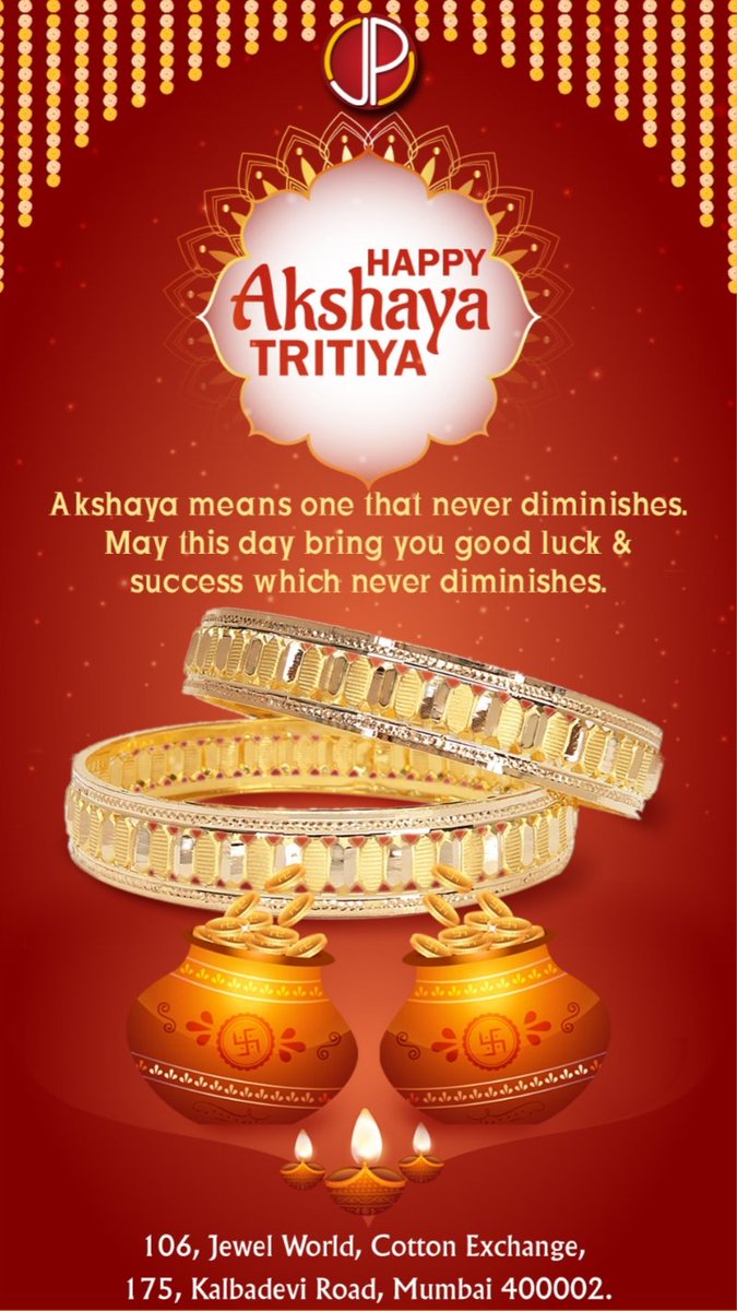 May this Akshaya Tritiya bring you good luck and success which never diminishes. Happy Akshaya Tritiya!

#Akshaytritiya #Akshaytritiyaspecial #akshaytritiyawish #goldbangles #goldjewelley