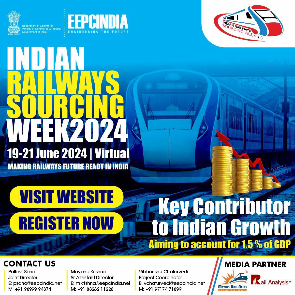 Indian Railways plan to build infrastructure to support 45 percent of the modal freight share of the economy thereby contributing substantially to GDP Find out more @ #IRSW4.0 👉Register eepcvirtualexpo.com/conference_man… 👉Navigate eepcvirtualexpo.com/railwaysourcin…
