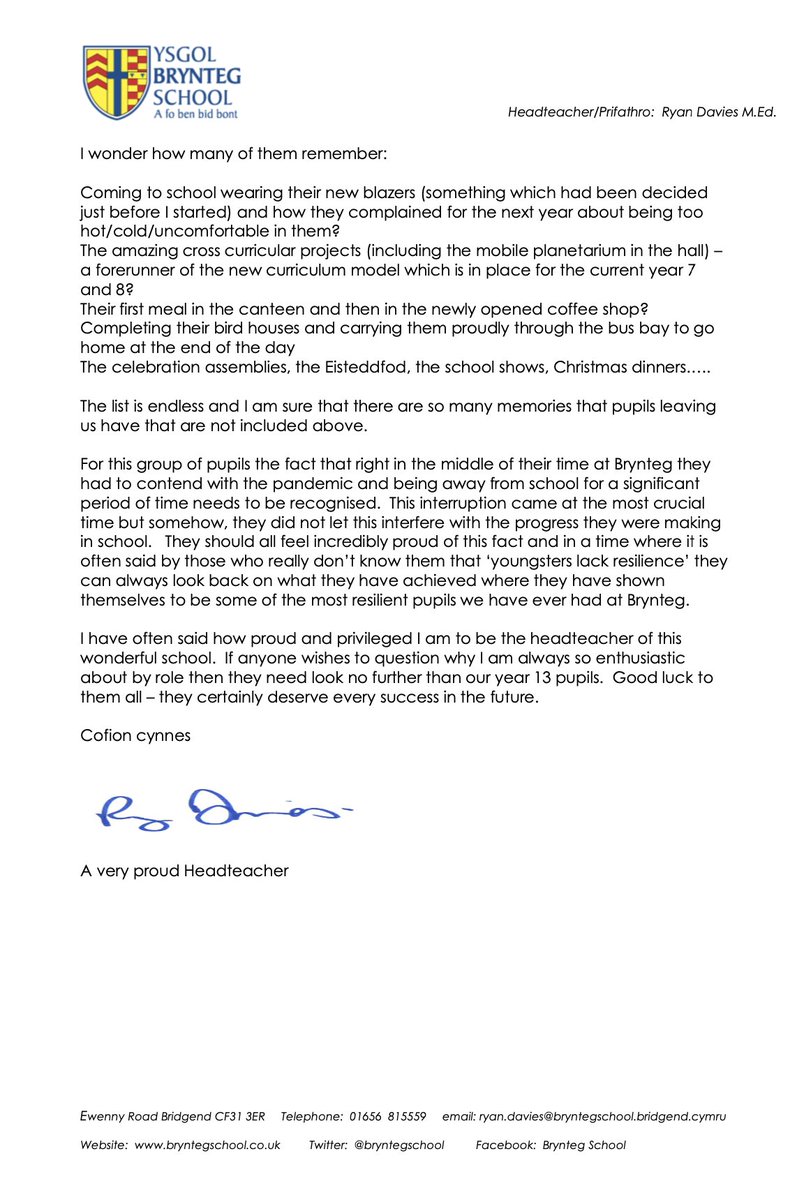 Bore da - Please find attached a copy of the Head's weekly letter.