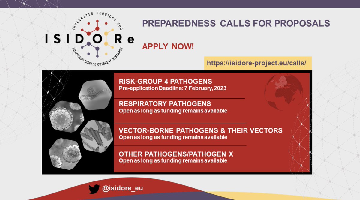 🦟🔬 <a href="/isidore_eu/">ISIDORe</a> Calls for Proposals: Vector-Borne Pathogens and Their Vectors

No deadline, the call is open for as long as funding is available!

Apply ASAP 👇
ow.ly/Kyuq50RB6mj