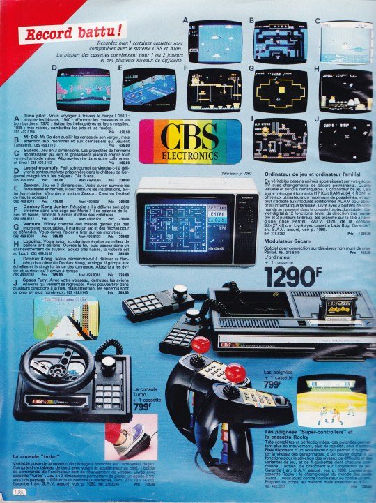 This is the CBS Colecovision. I have an original in my collection.

But those joypads are not fun.

I had no idea you could get ‘proper’ joysticks for it.

This appears to be priced in F(francs?).. what ever the currency.. the console is 1290F and the joystick accessory is 799F..