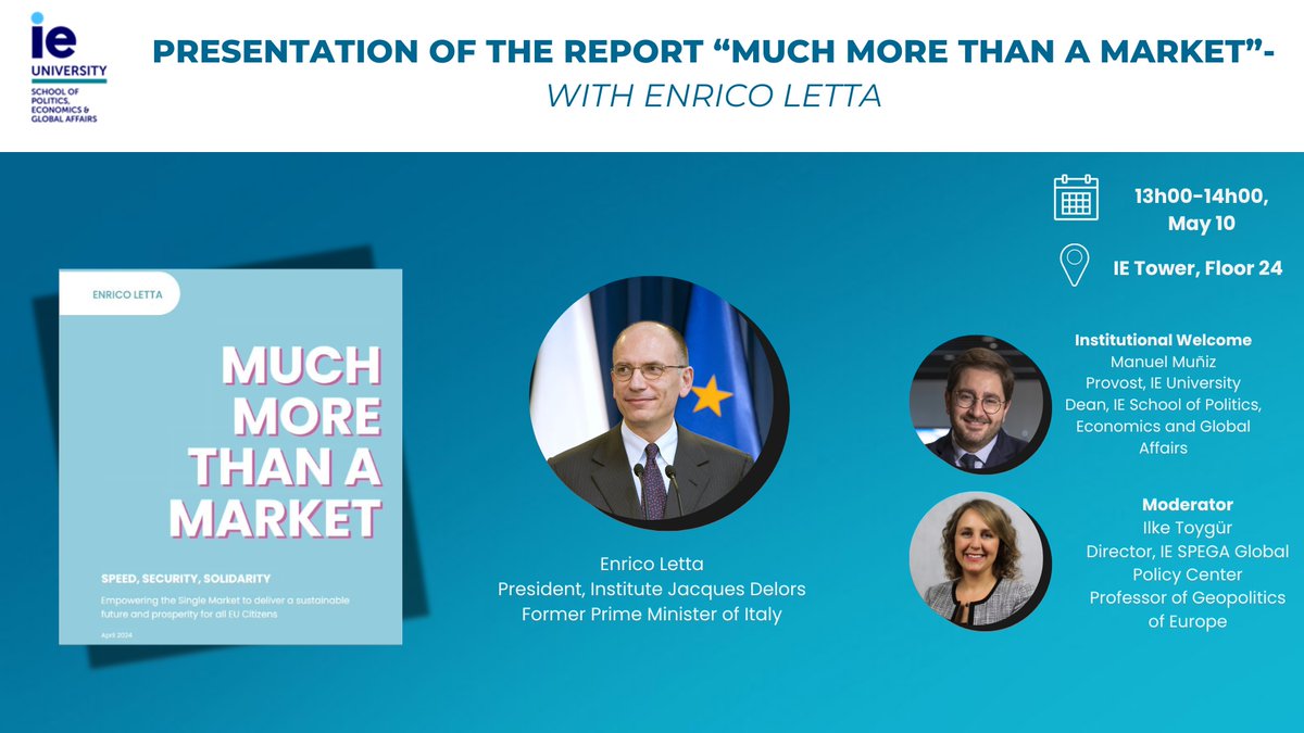 We look forward to welcoming @EnricoLetta today at @iespega @IEuniversity. It is such a pleasure to discuss his latest report on the reform of the single market in an ever-changing world. The world (& the economy!) has changed drastically since 1993 - it is time to embrace it!