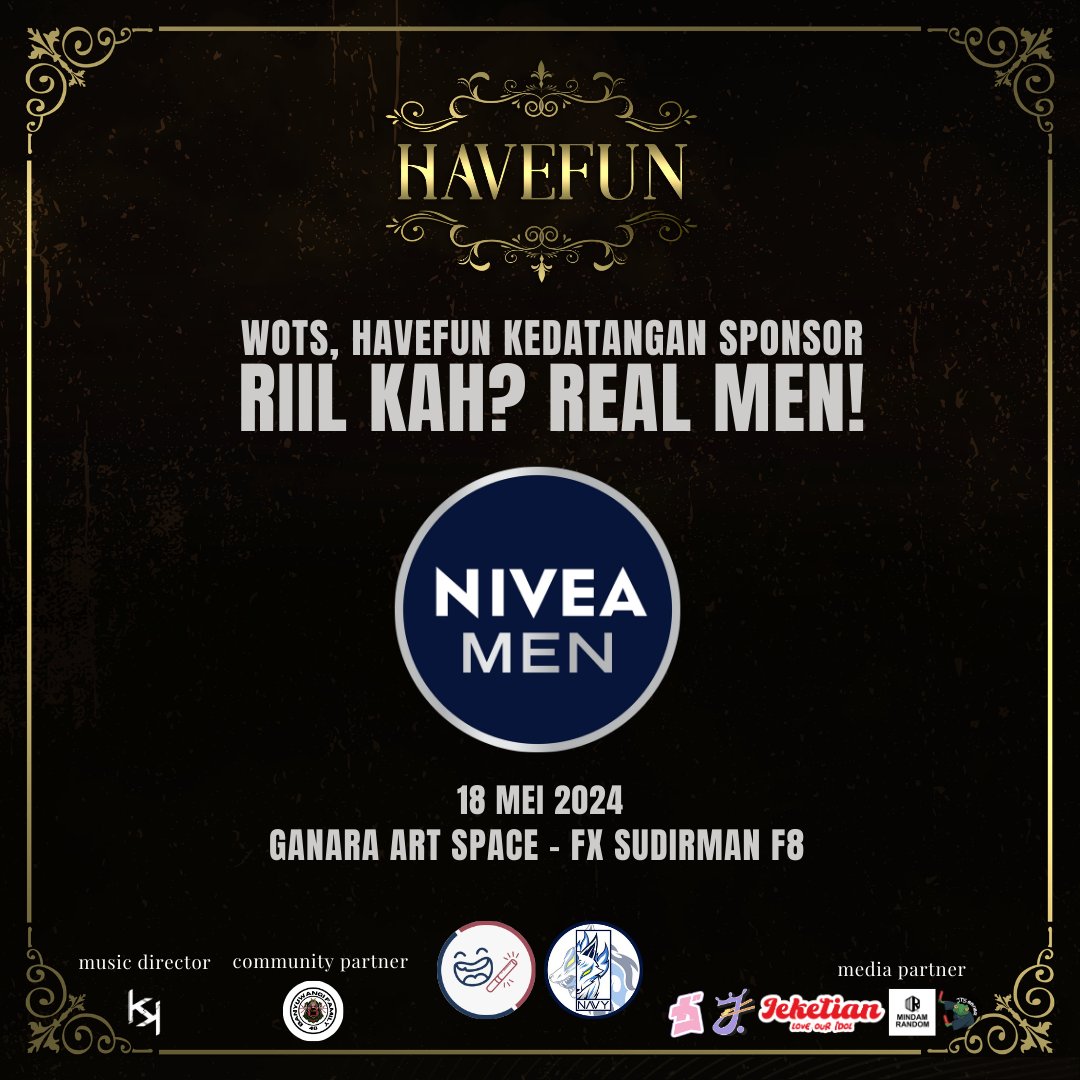 HAVEFUN kedatangan sponsor, riil kah? REAL MEN!

Betul, 18 Mei 2024 besok, @NIVEAMEN_ID akan ikut seru2an bareng kita di HAVEFUN!

Tapi sebelumnya, SJW48 bakal bagi-bagi TIKET GRATIS nonton JKT48 di Mini Concert bareng NIVEA 17 Mei 2024 di Plaza Sudirman, GBK Gate 6!

Caranya?👇