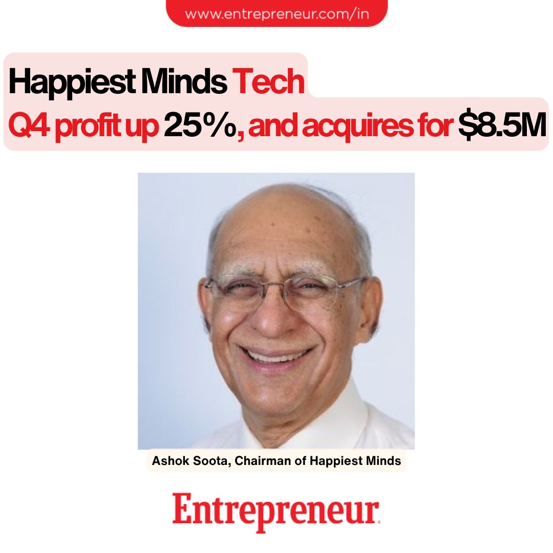 #Update

Happiest Minds Tech(@HappiestMinds) Q4 Profit Rises 25%, Makes 3rd Acquisition for USD 8.5 Mn

Read: ow.ly/HW5N50RB42Y

#TechNews #AureusTechSystems #RevenueIncrease #YoYProfitGrowth #PostIPO #FY25 #ChairmanAshokSoota #Acquisition #Q4Profit