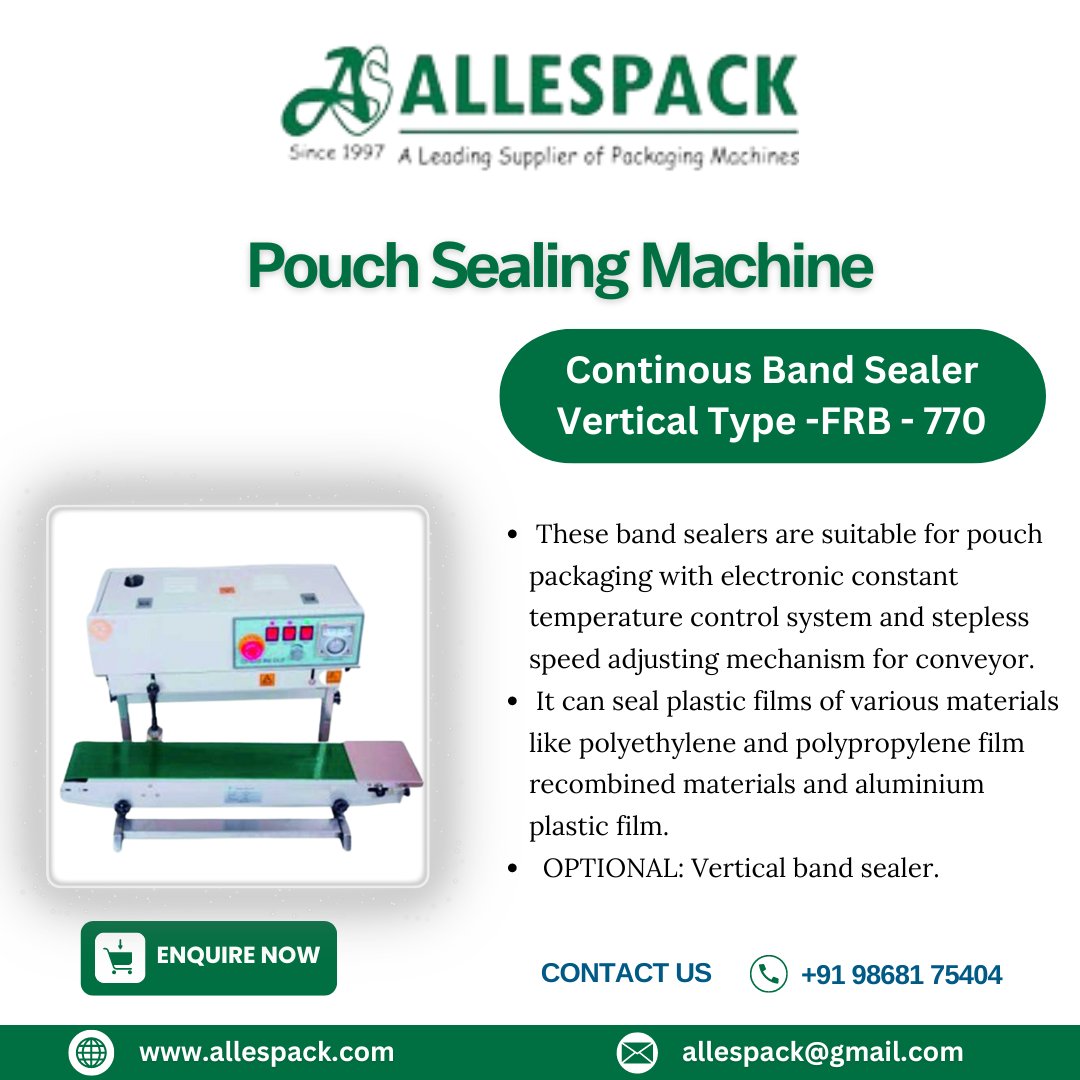 allespack's tweet image. Continuous Band Sealer Vertical Type

Model: FRB - 770

Call us at: +91 9868175404, +91 9015997050
Visit Website: allespack.com/continous-band…

#pouchsealingmachine #packagingsolutions #strappingtool #industrialpackaging #efficientpacking #shippingessentials #logisticsequipment