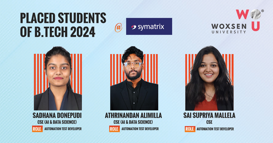 Congratulations to Sadhana Donepudi, Athri Nandan, and Sai Supriya Mallela from our B.Tech 2020 - 2024 batch for securing positions as Automation Test Developers at Symatrix!

#woxsenuniversity #campusplacement #placements #automation #developer  #hyderabad