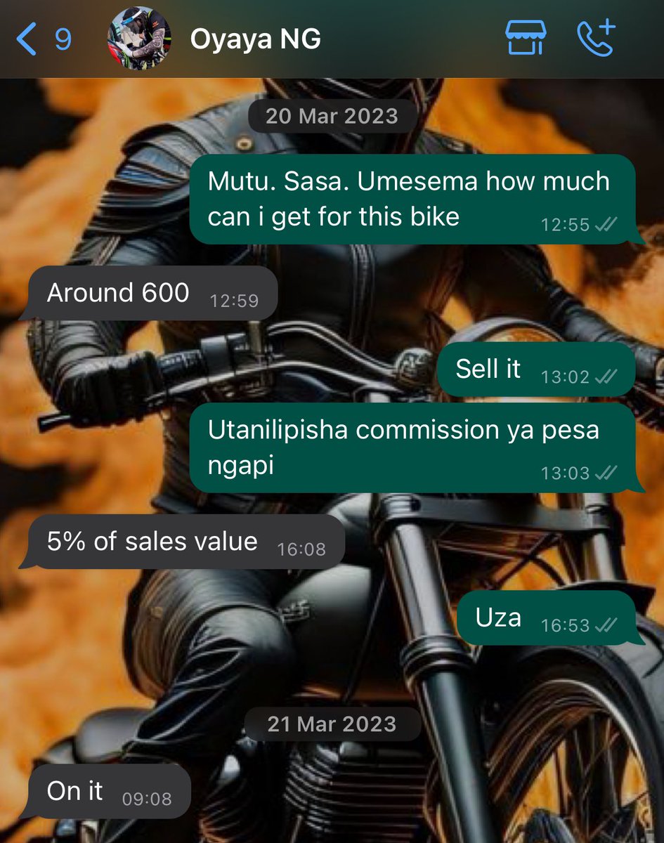 It all started in March 2023 when i took my bike to him for a paint job. I had new tyres and chain for him to also place. He then suggested i sell the bike…i mean it was a 2009 no abs no tech we die like real men 😂😂….we agreed on price i