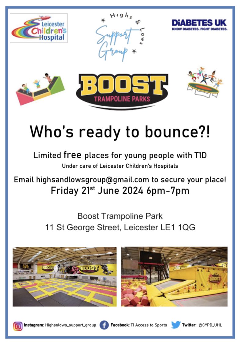 Who’s ready to bounce!? 🙃 

Thrilled to share details for our next #PeerSupport event at BOOST! 🥳

Email highsandlowsgroup@gmail.com to secure your place today 💙

#T1D #Diabuddies @DiabetesUK @Leic_hospital @LeicChildHosp @DeappEducation