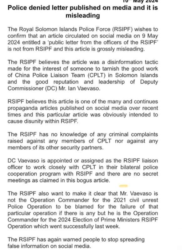 Solomon Islands police issue second statement on letter purporting to be from disaffected officers alleging more Chinese police secretly entered the country. RSIPF calls the letter 'grossly misleading disinformation' and says it has 'no knowledge' of any complaints against China