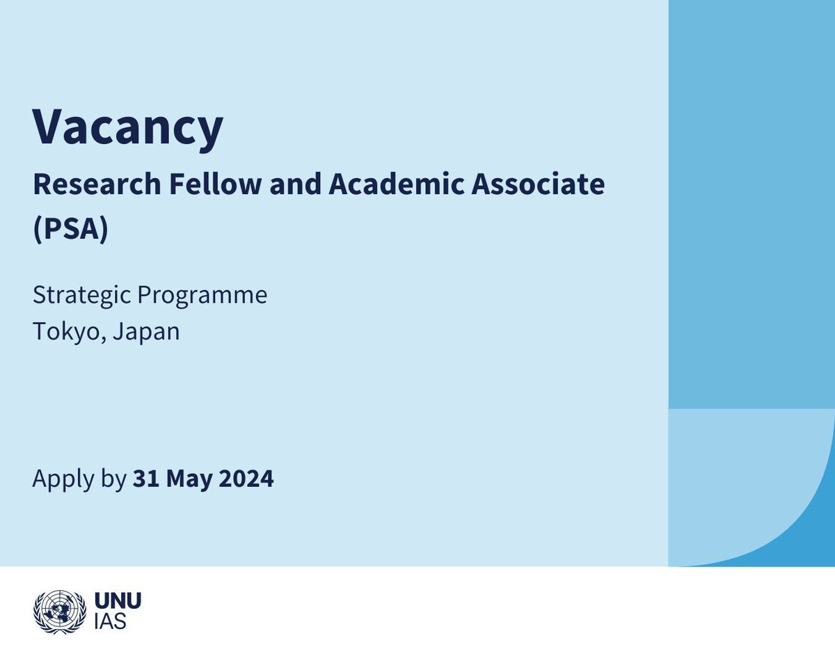Do you have a #PhD in a field related to #sustainability and 3 years' experience in research & teaching? 

We're #hiring a Research Fellow & Academic Associate. Fluency in English is required.

Find out more 👉 buff.ly/3JMuuSy

@UNJobs #UNCareers