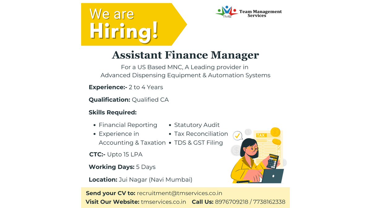Calling all finance enthusiasts! We're hiring a Finance Manager to lead our fiscal strategies and optimize financial performance  

recruitment@tmservices.co.in | 8976709218 – 7738162338 

#tms #hrmodeon #hr #hrservices #hroutsourcing #hrsolutions #mumbai #friday #financemanager