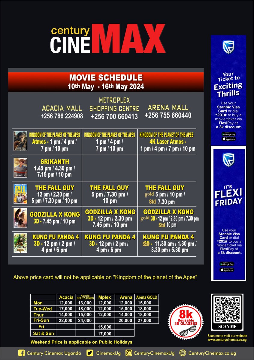 Century Cinemax schedule upto 16th May
#CcArena
#CcAcacia 
#CcMetro
@CinemaxUg #NowShowing